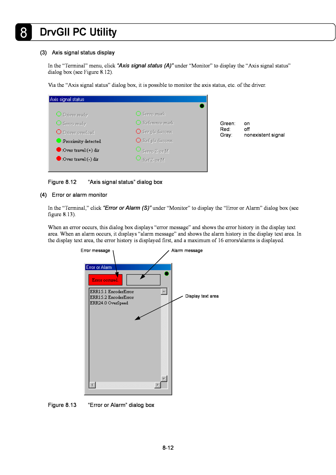Parker Hannifin G2 manual DrvGII PC Utility, Axis signal status display, 13 “Error or Alarm” dialog box, 8-12, Green, Gray 