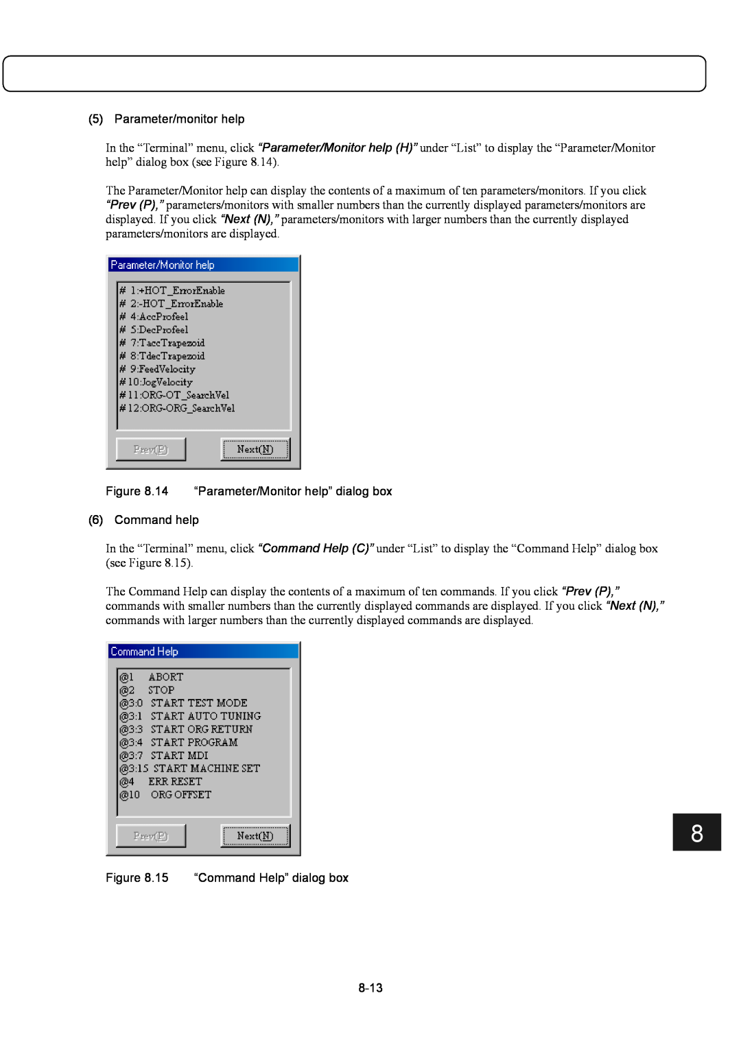 Parker Hannifin G2 manual Parameter/monitor help, 14 “Parameter/Monitor help” dialog box 6 Command help, 8-13 