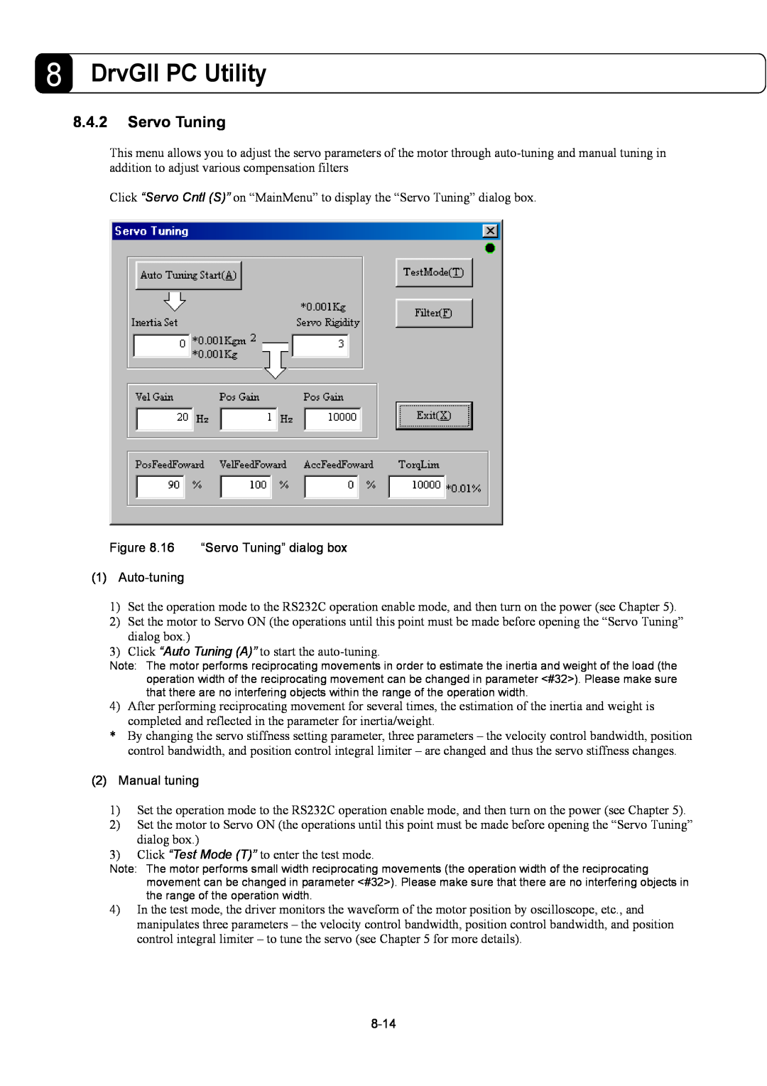 Parker Hannifin G2 manual DrvGII PC Utility, 16 “Servo Tuning” dialog box 1 Auto-tuning, Manual tuning, 8-14 