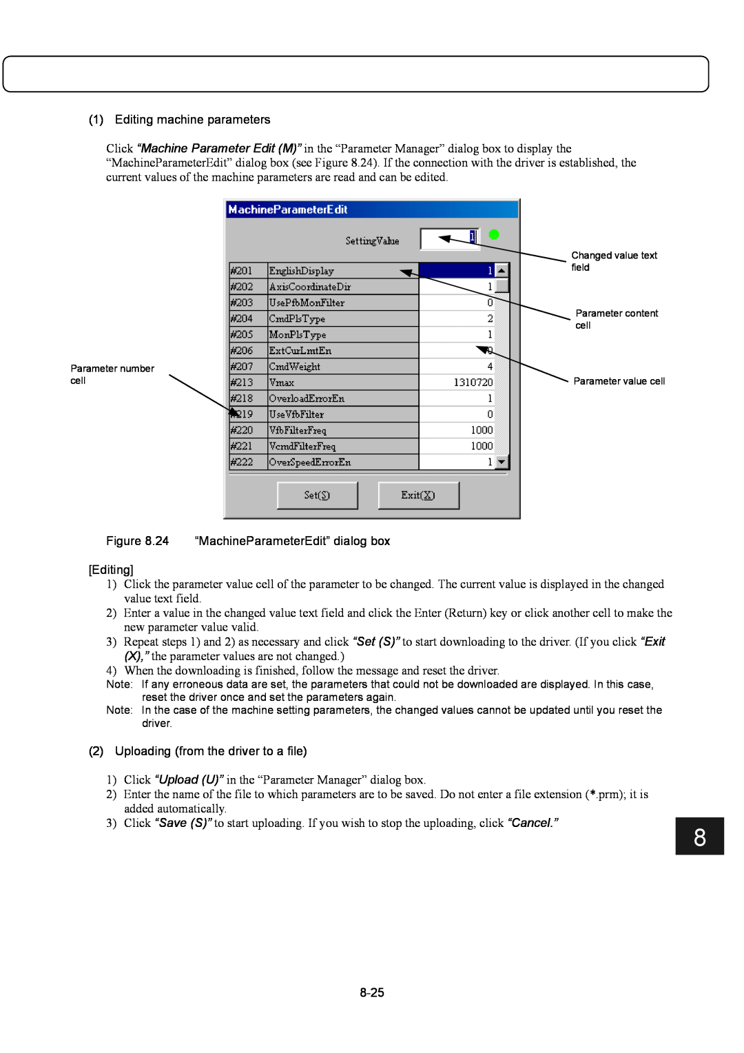 Parker Hannifin G2 manual Editing machine parameters, 24 “MachineParameterEdit” dialog box Editing, 8-25 