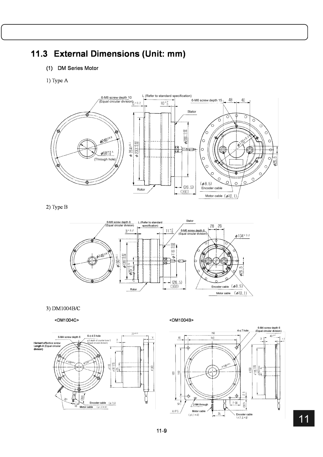 Parker Hannifin G2 manual External Dimensions Unit mm, DM Series Motor, Type A, Type B, 3 DM1004B/C, 11-9 