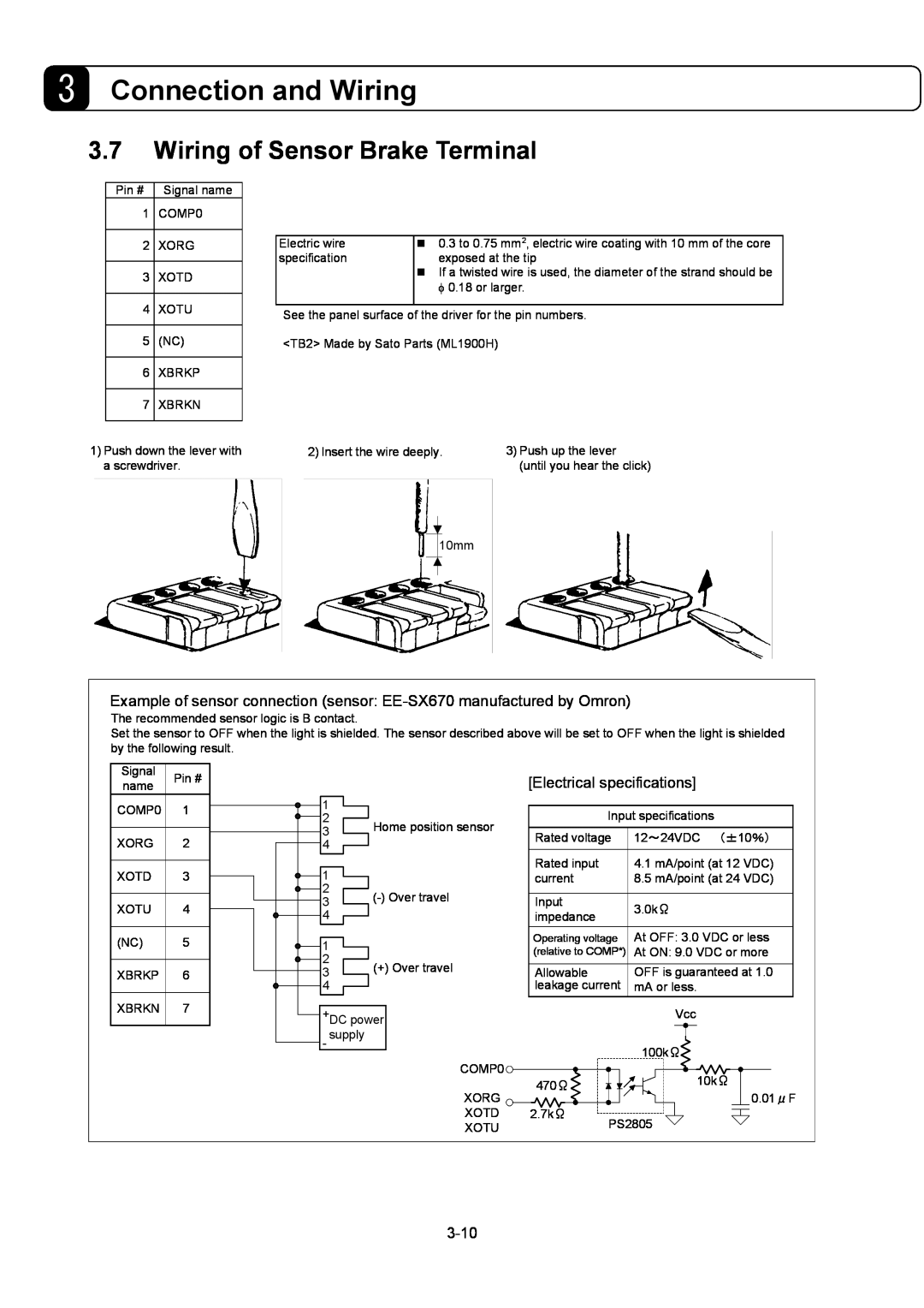 Parker Hannifin G2 manual Wiring of Sensor Brake Terminal, Connection and Wiring, Electrical specifications, 3-10 