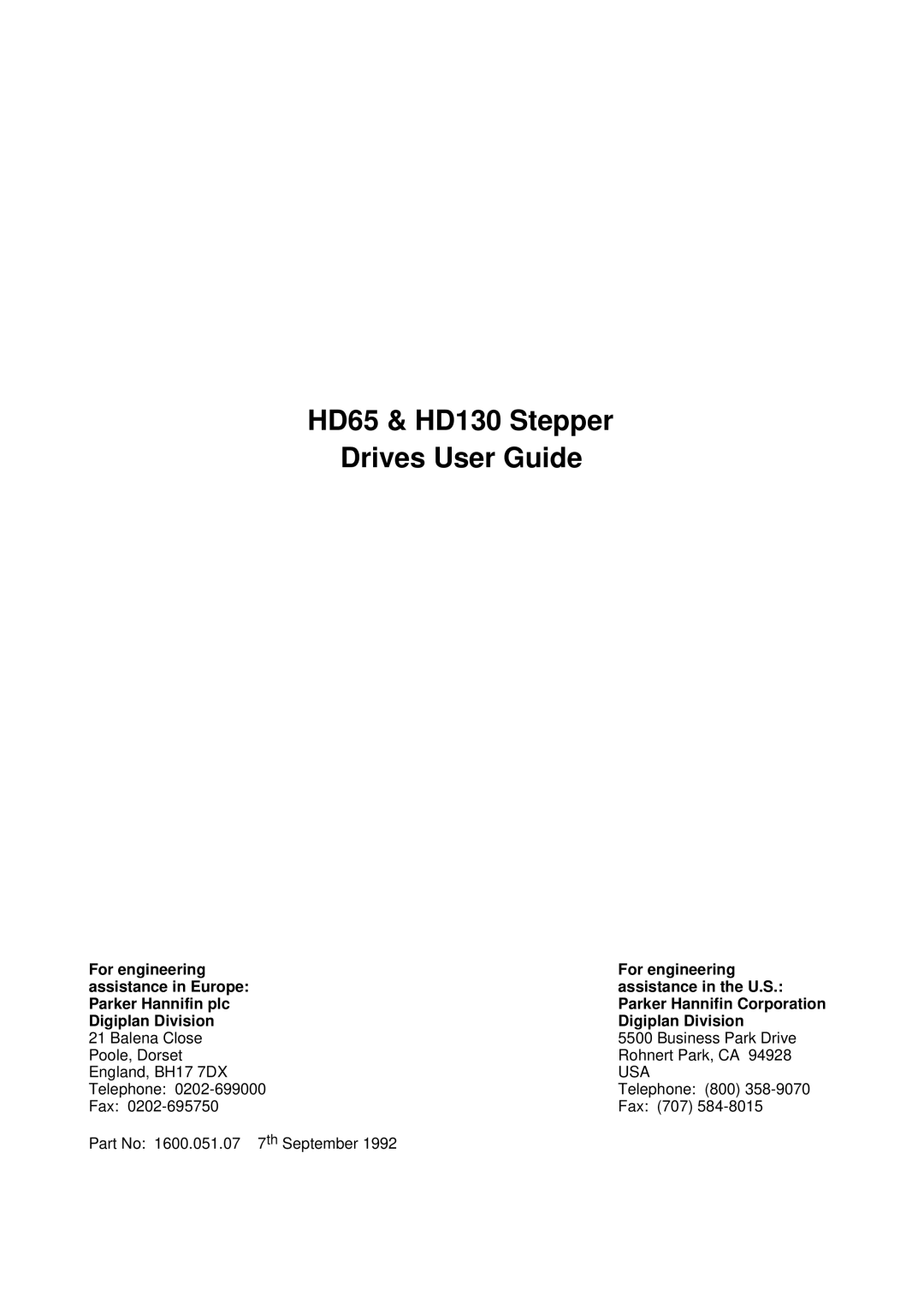 Parker Hannifin manual HD65 & HD130 Stepper Drives User Guide 