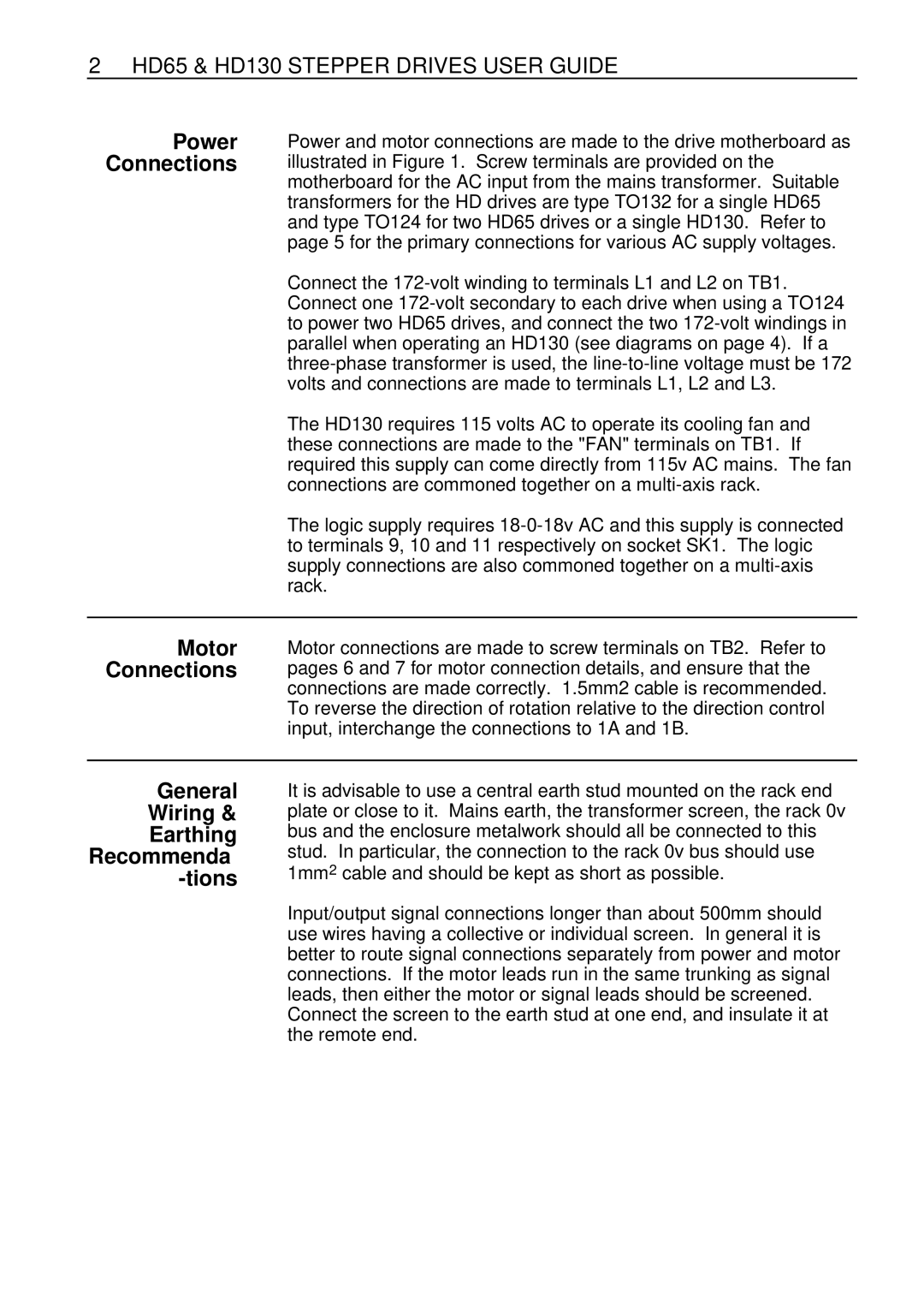 Parker Hannifin HD65, HD130 manual General Wiring Earthing Recommenda Tions, Power Connections 