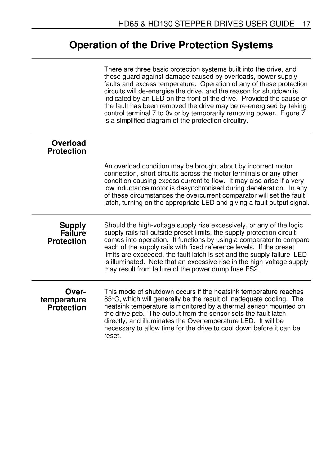 Parker Hannifin HD130, HD65 manual Operation of the Drive Protection Systems, Overload Protection, Supply, Failure 