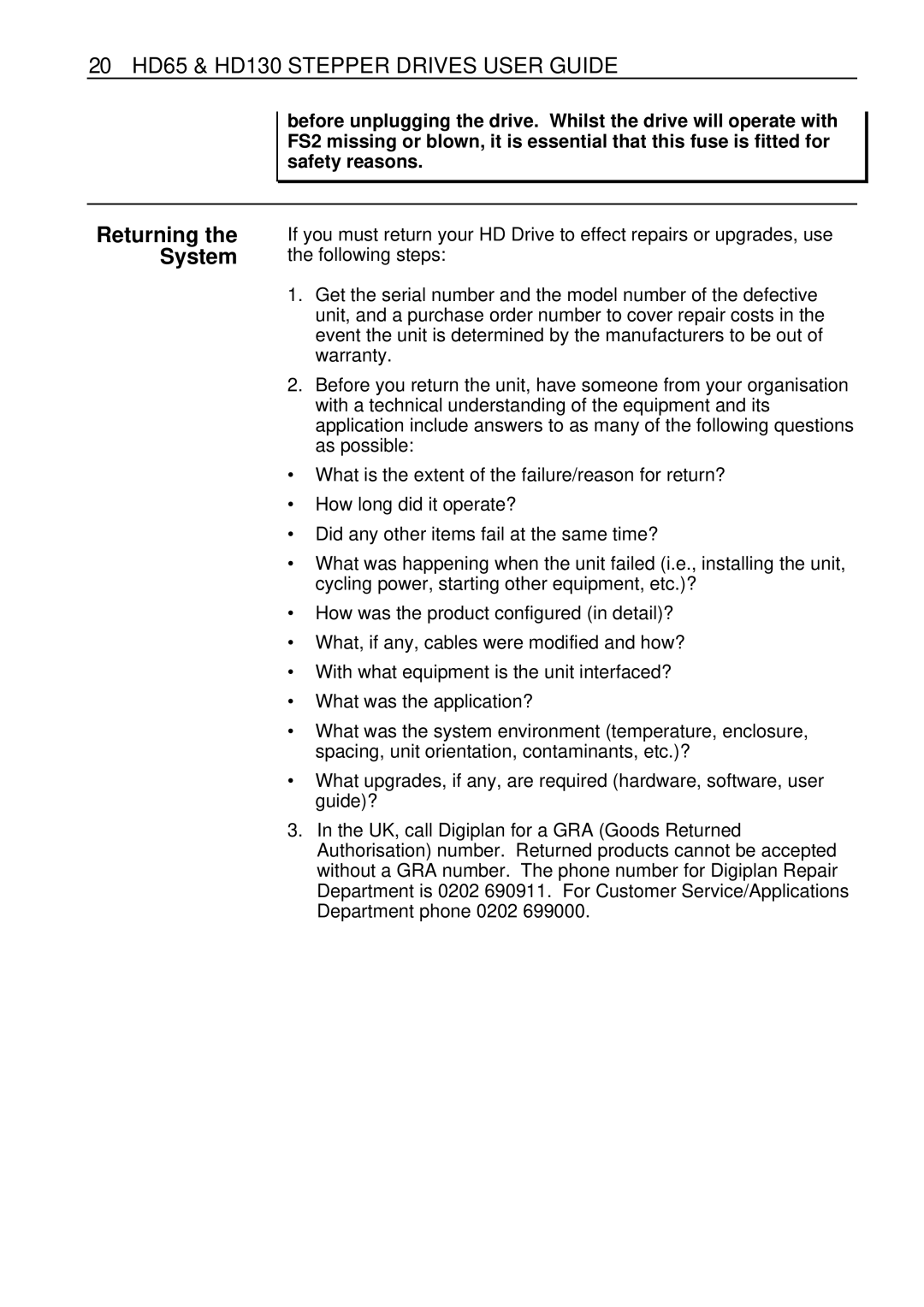 Parker Hannifin manual 20 HD65 & HD130 Stepper Drives User Guide, Returning the System 