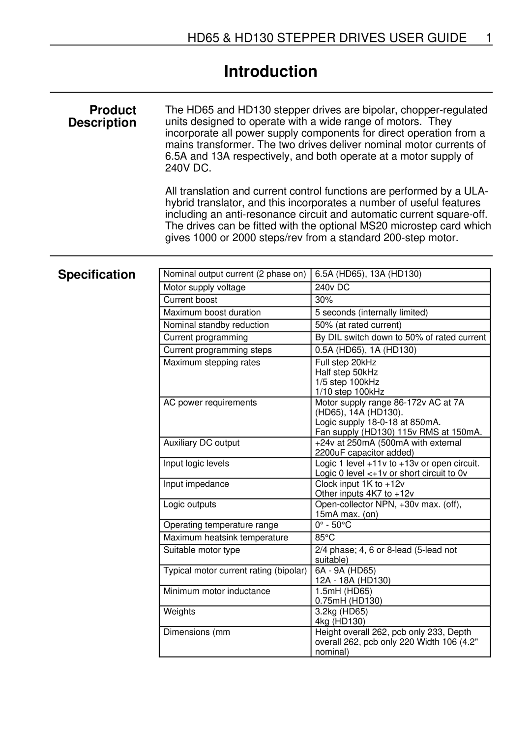 Parker Hannifin manual Introduction, HD65 & HD130 Stepper Drives User Guide, Product Description, Specification 