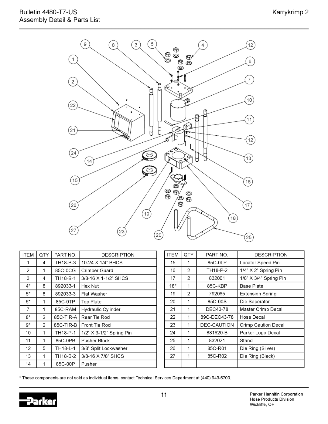 Parker Hannifin Karrykrimp 2 technical manual Bulletin 4480-T7-US Karrykrimp Assembly Detail & Parts List, QTY Description 