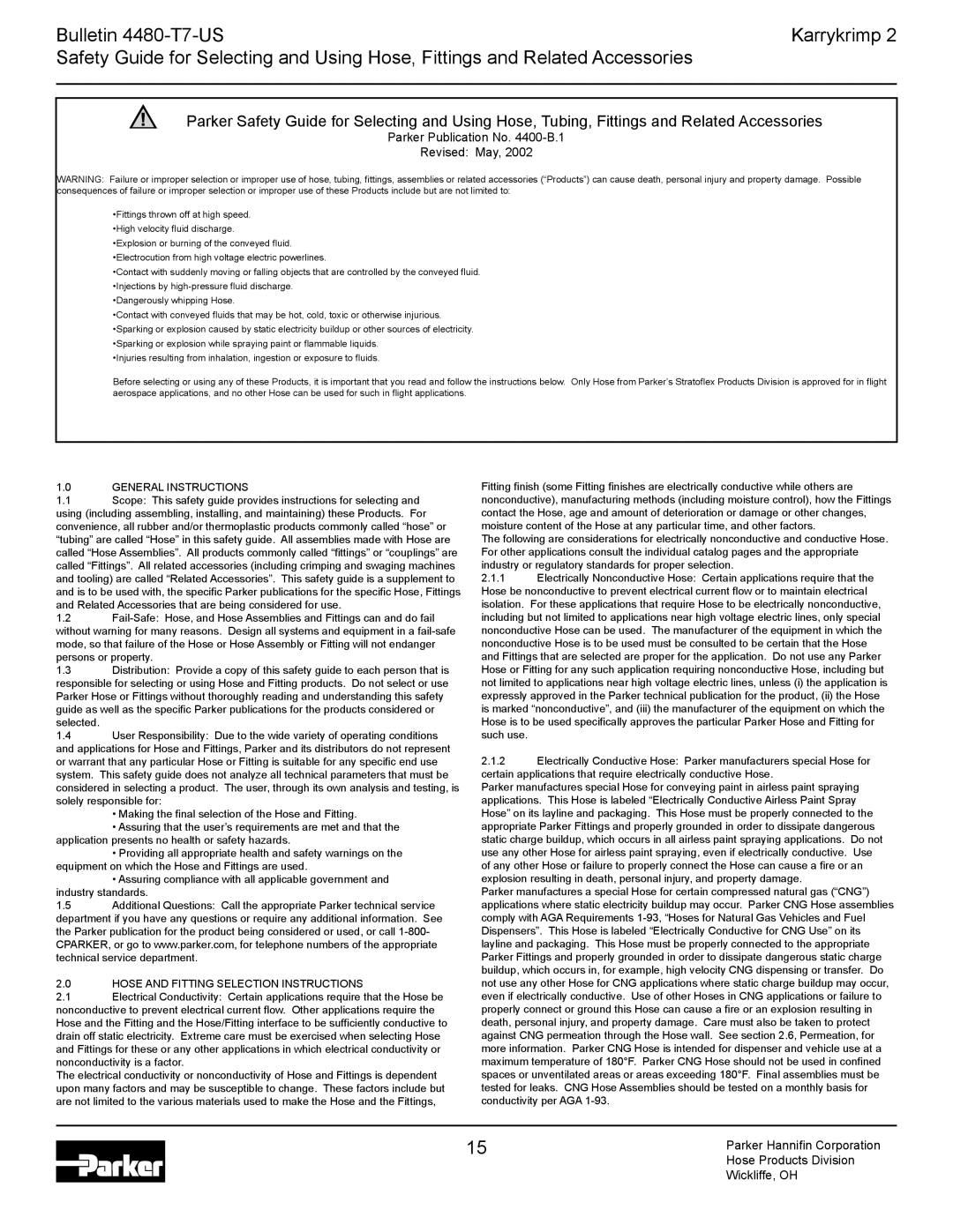 Parker Hannifin Karrykrimp 2 technical manual Parker Publication No -B.1 Revised May 