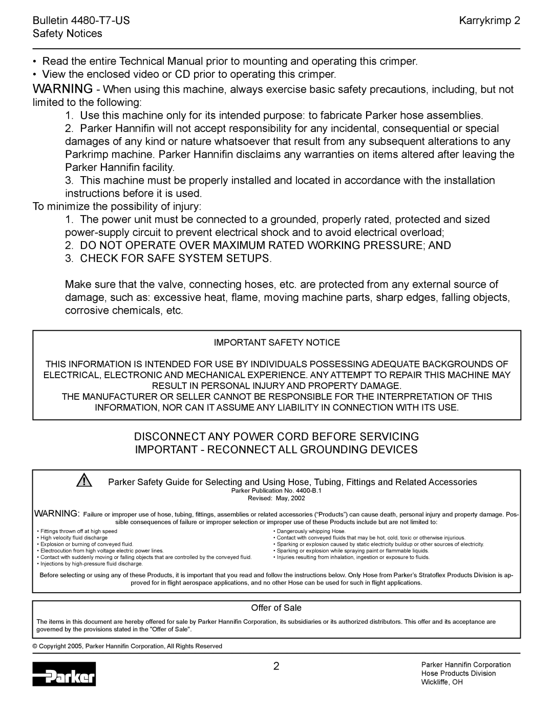 Parker Hannifin Karrykrimp 2 technical manual Offer of Sale 