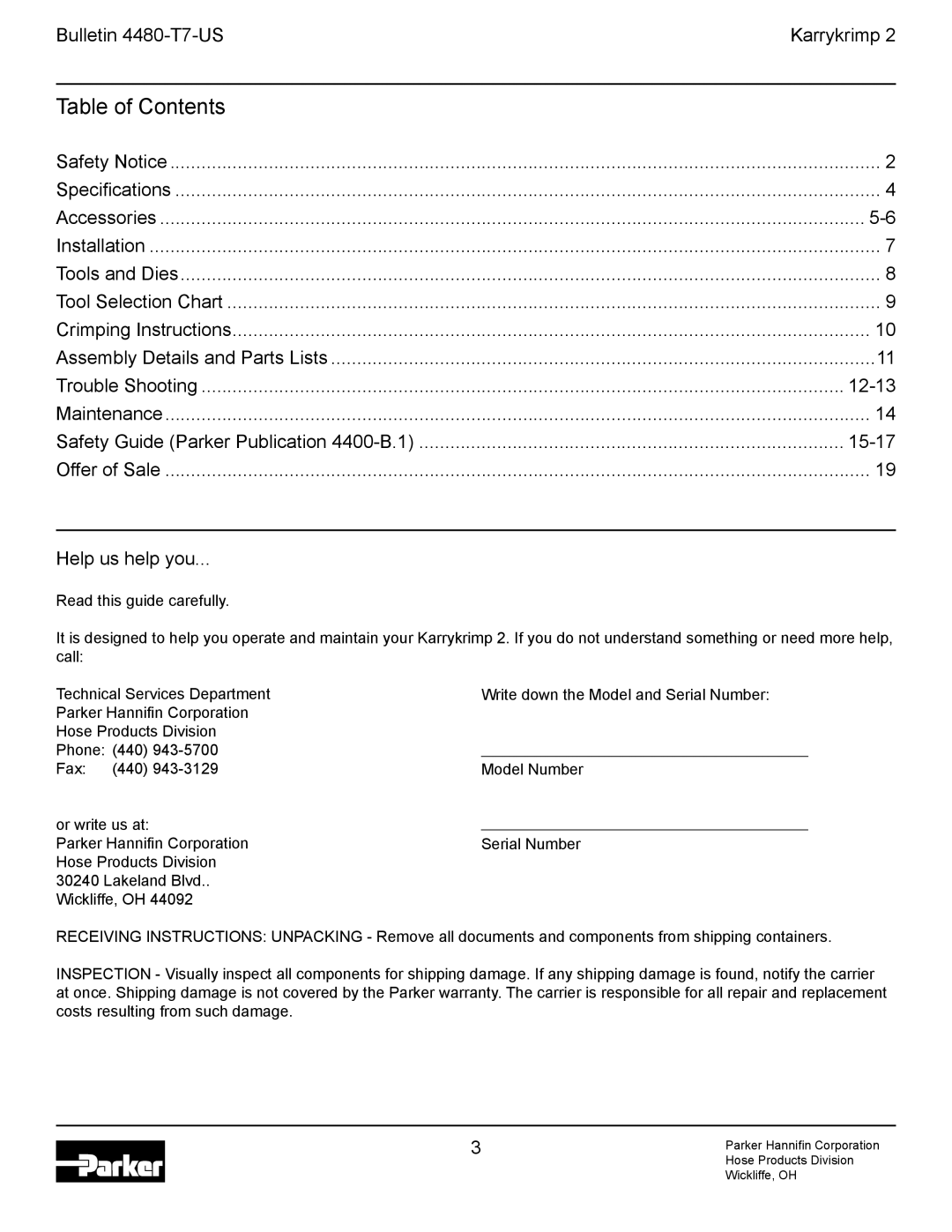 Parker Hannifin Karrykrimp 2 technical manual Table of Contents 