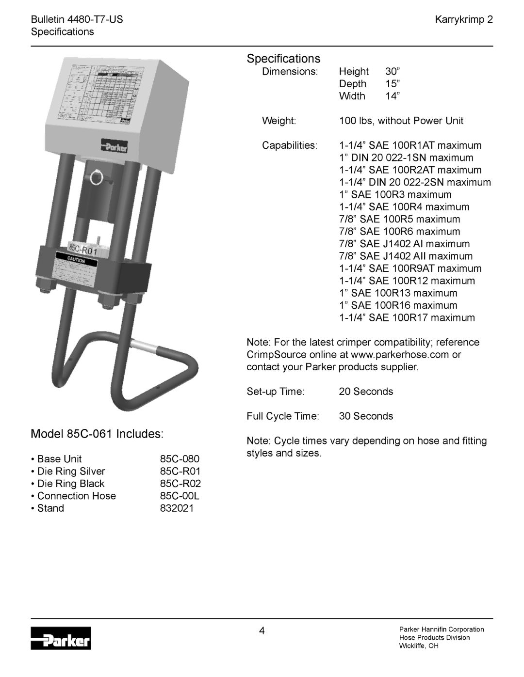 Parker Hannifin Karrykrimp 2 technical manual Bulletin 4480-T7-US Karrykrimp Speciﬁcations 