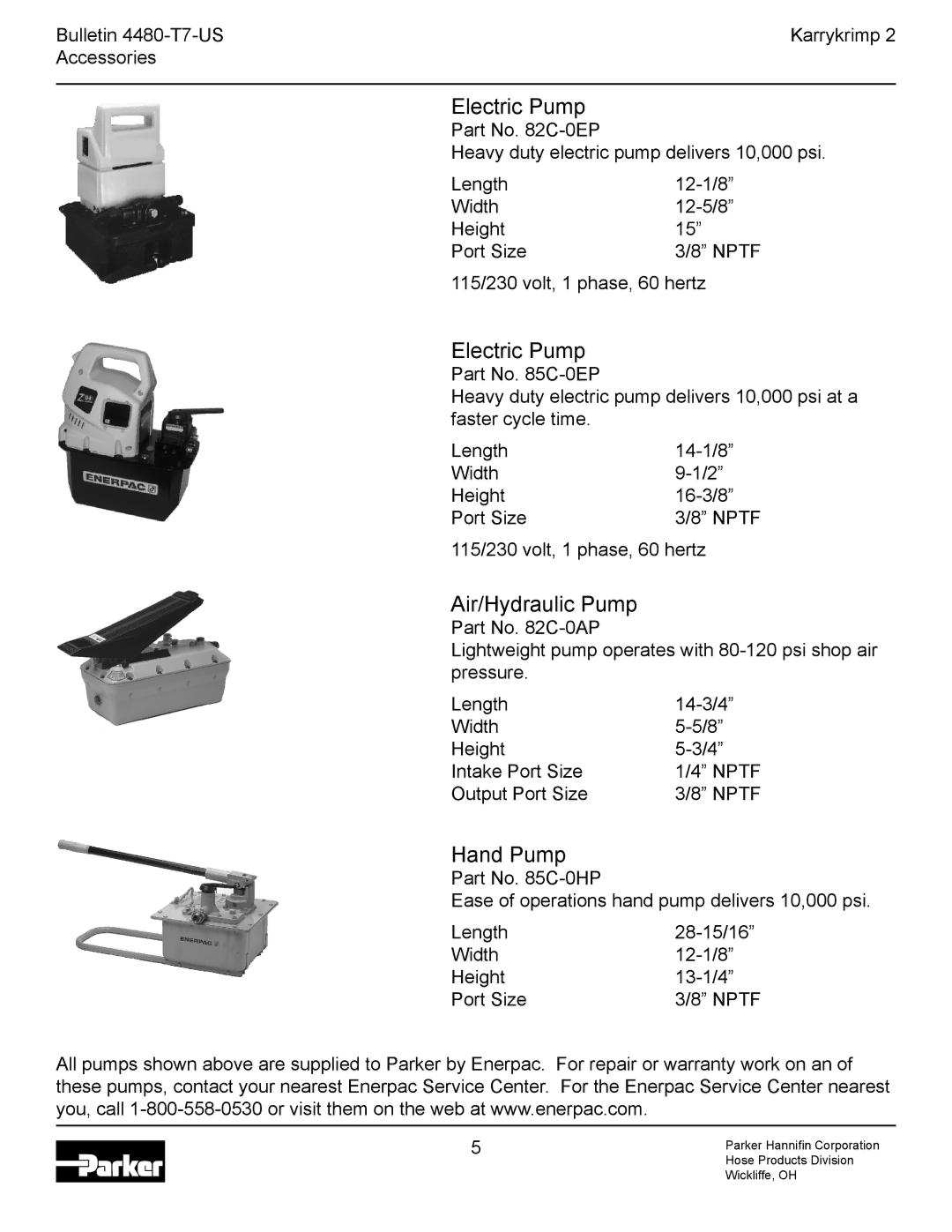 Parker Hannifin Karrykrimp 2 technical manual Electric Pump, Bulletin 4480-T7-US Karrykrimp Accessories 