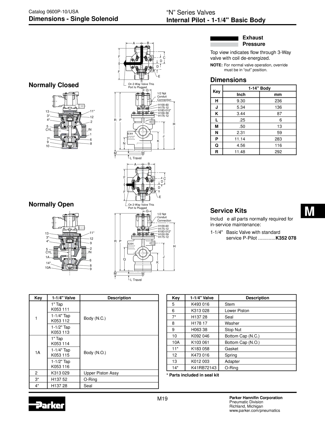 Parker Hannifin Dimensions Single Solenoid Internal Pilot 1-1/4 Basic Body, Dimensions Normally Closed, Key Body 