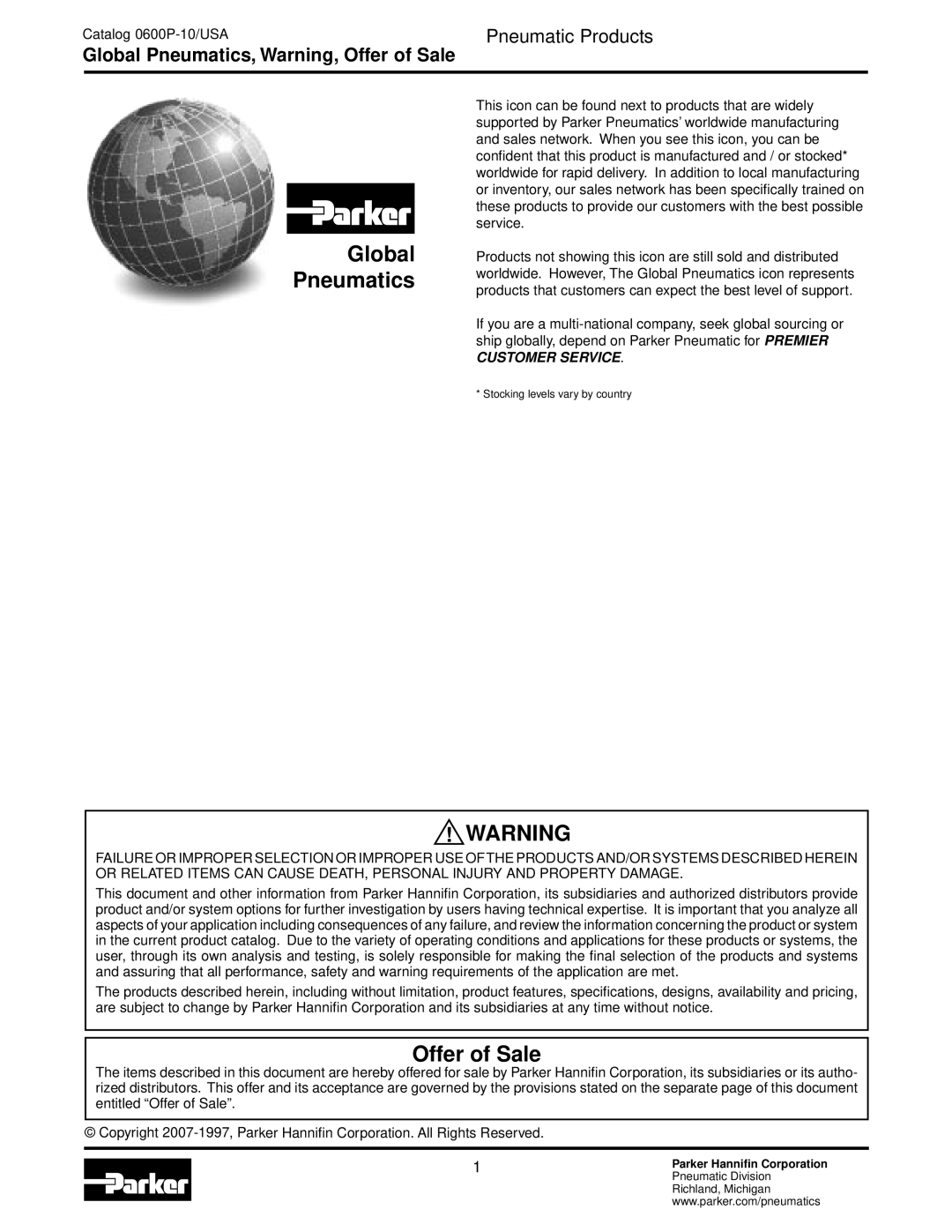 Parker Hannifin N dimensions Global Pneumatics, Warning, Offer of Sale 