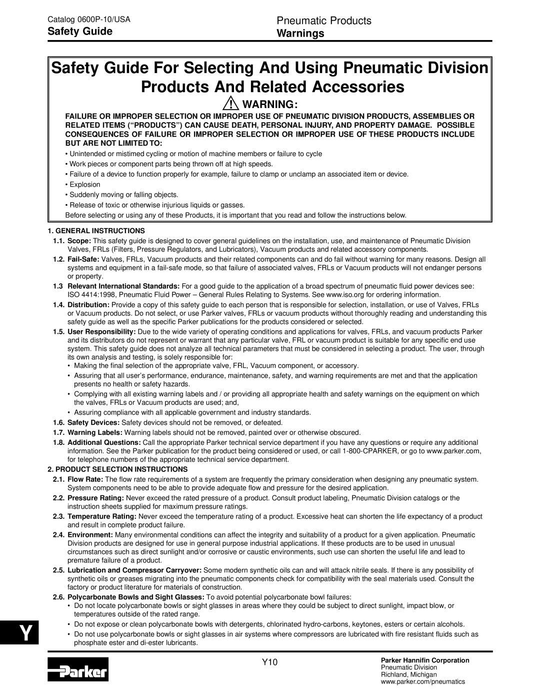 Parker Hannifin N dimensions Safety Guide, Instruction sheets supplied for maximum pressure ratings 