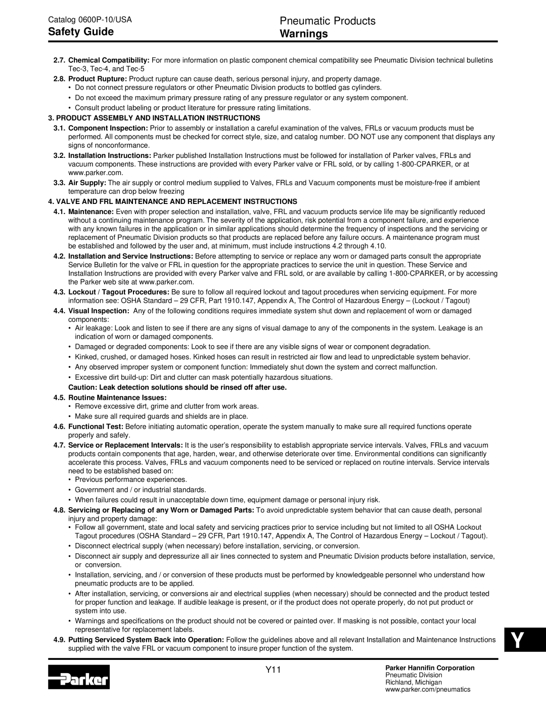 Parker Hannifin N dimensions Product Assembly and Installation Instructions, Routine Maintenance Issues 