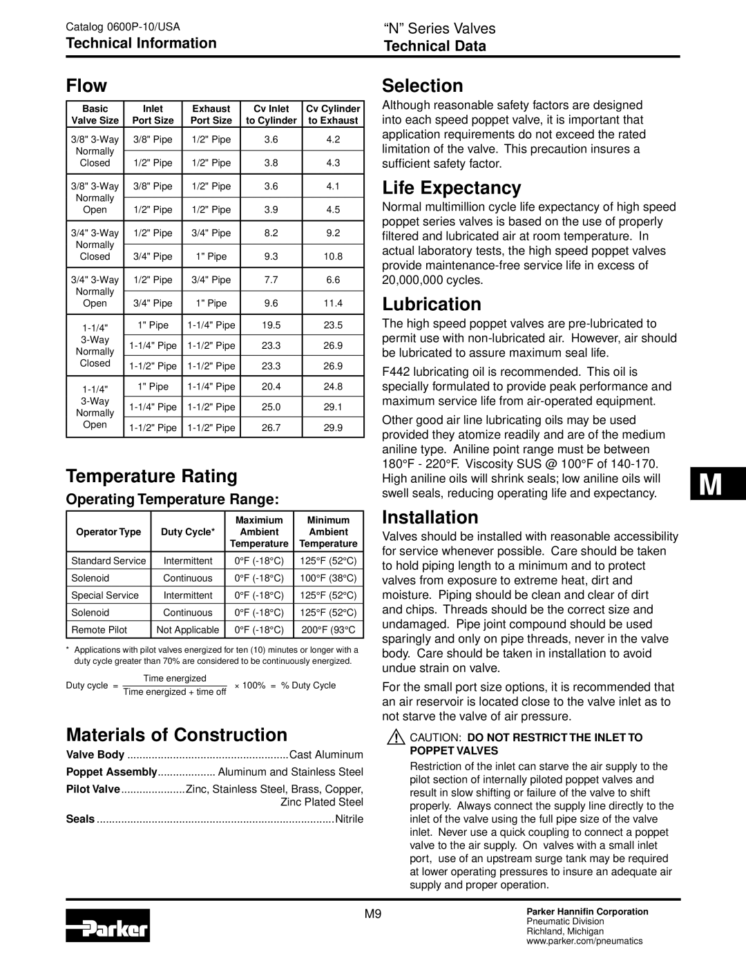 Parker Hannifin N Temperature Rating, Selection, Life Expectancy, Lubrication, Installation, Materials of Construction 