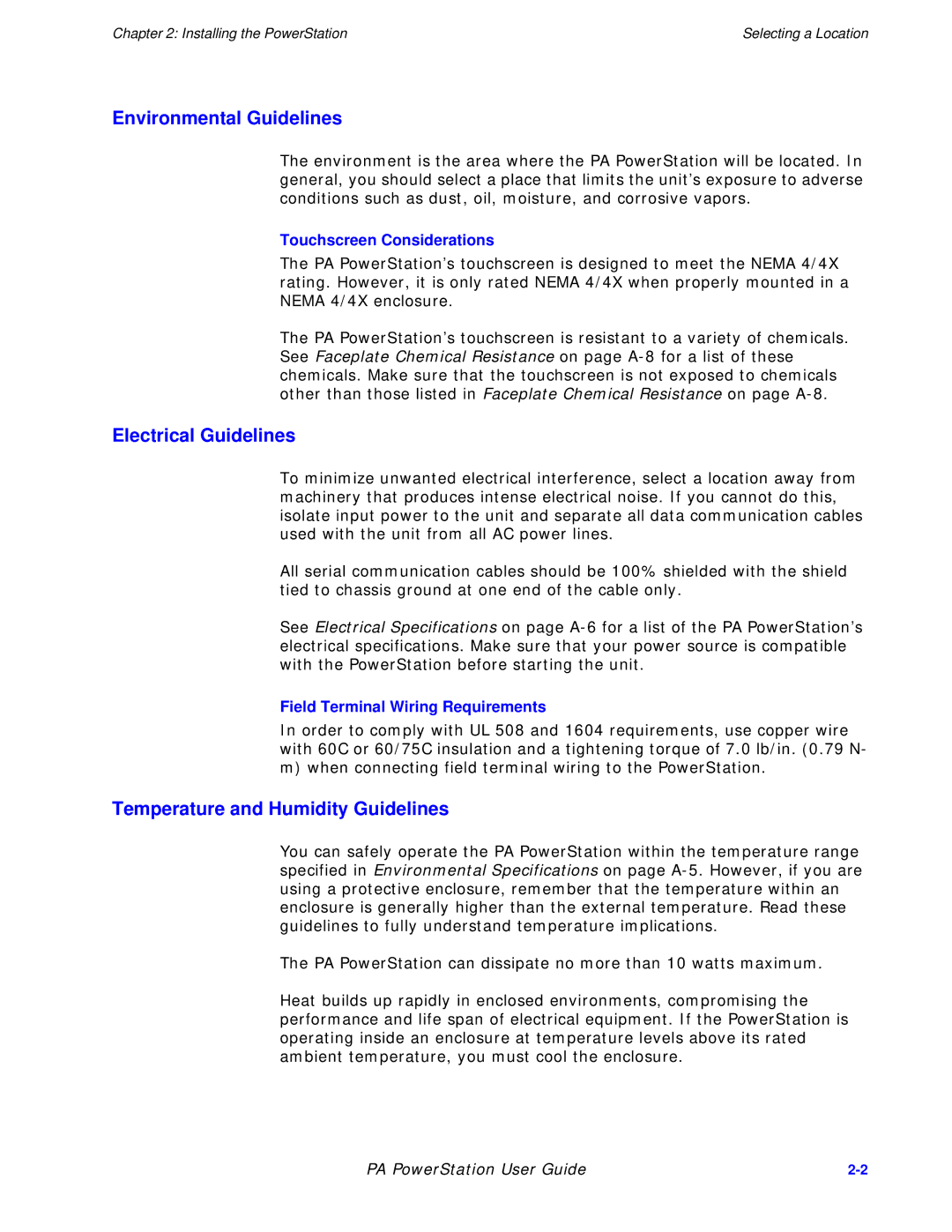 Parker Hannifin PA Series manual Environmental Guidelines, Electrical Guidelines, Temperature and Humidity Guidelines 