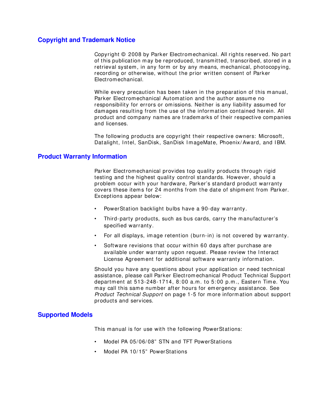 Parker Hannifin PA Series manual Copyright and Trademark Notice, Product Warranty Information, Supported Models 