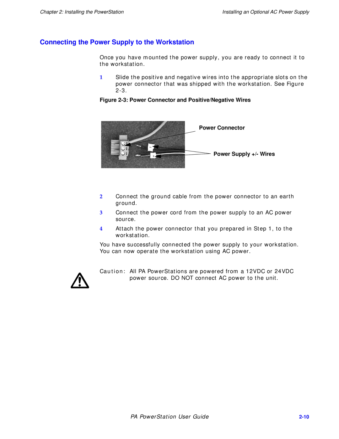 Parker Hannifin PA Series manual Connecting the Power Supply to the Workstation 