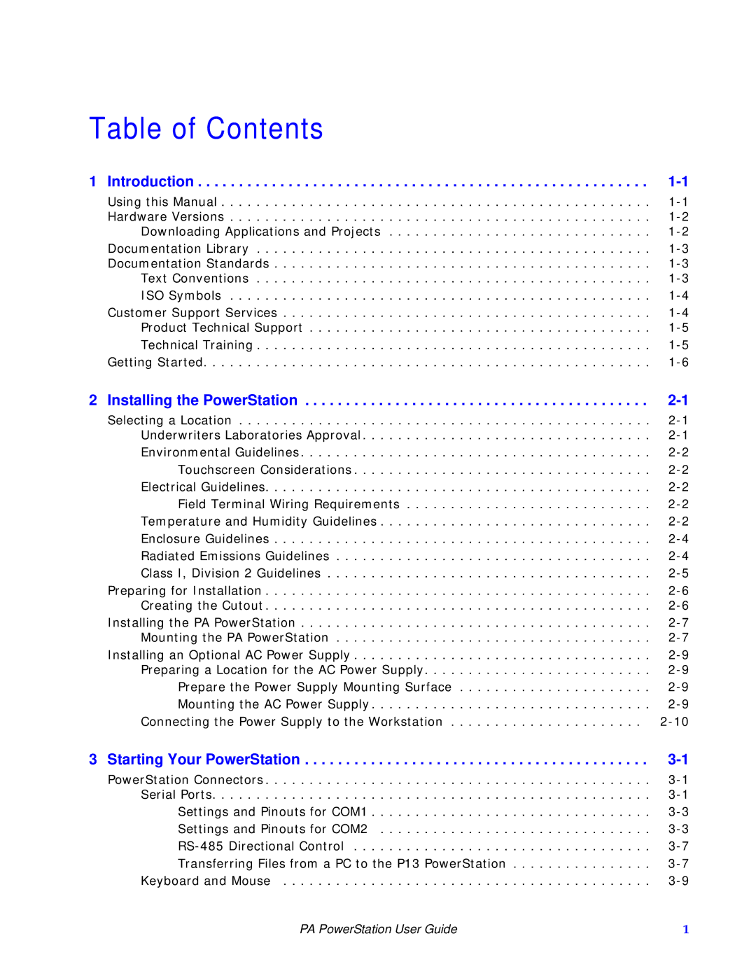 Parker Hannifin PA Series manual Table of Contents 