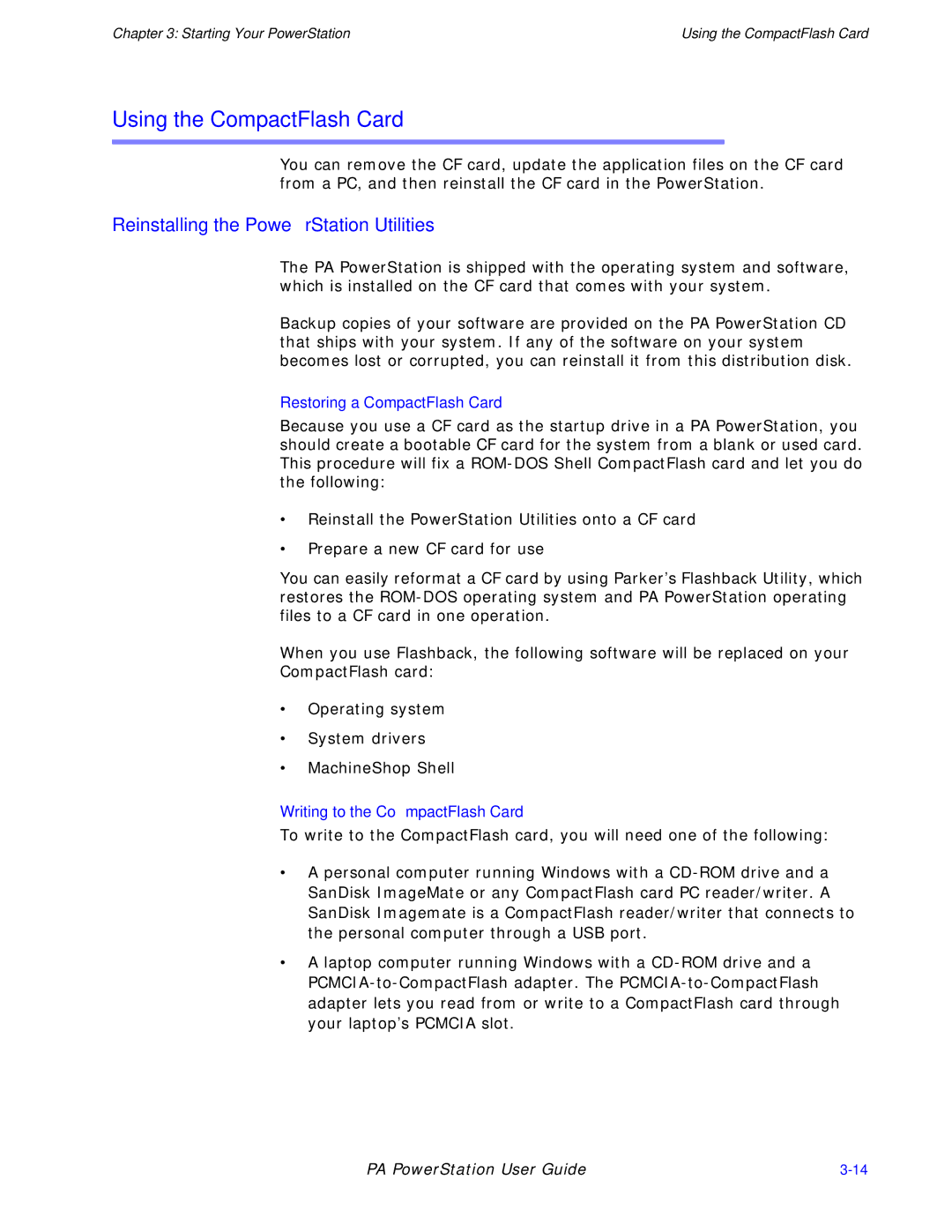 Parker Hannifin PA Series manual Using the CompactFlash Card, Reinstalling the PowerStation Utilities 