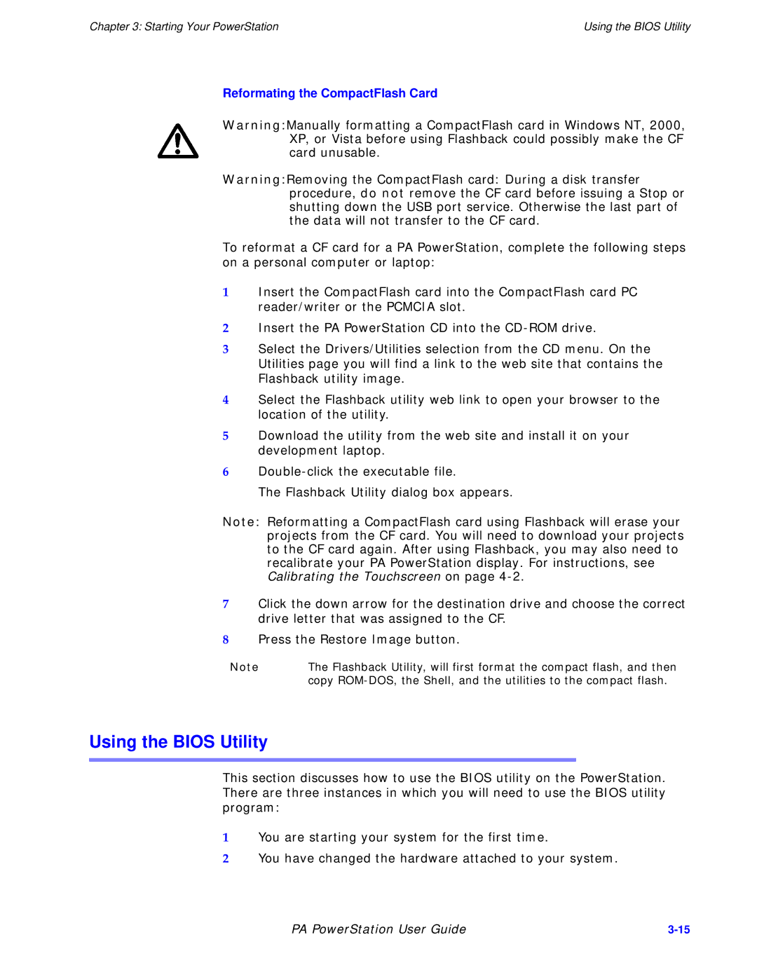 Parker Hannifin PA Series manual Using the Bios Utility, Reformating the CompactFlash Card 