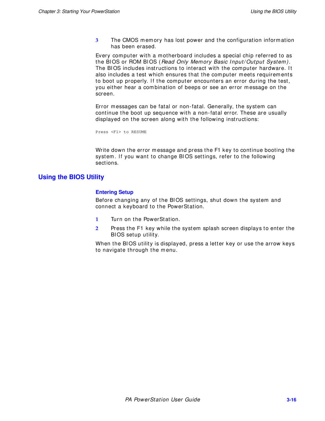 Parker Hannifin PA Series manual Using the Bios Utility, Entering Setup 