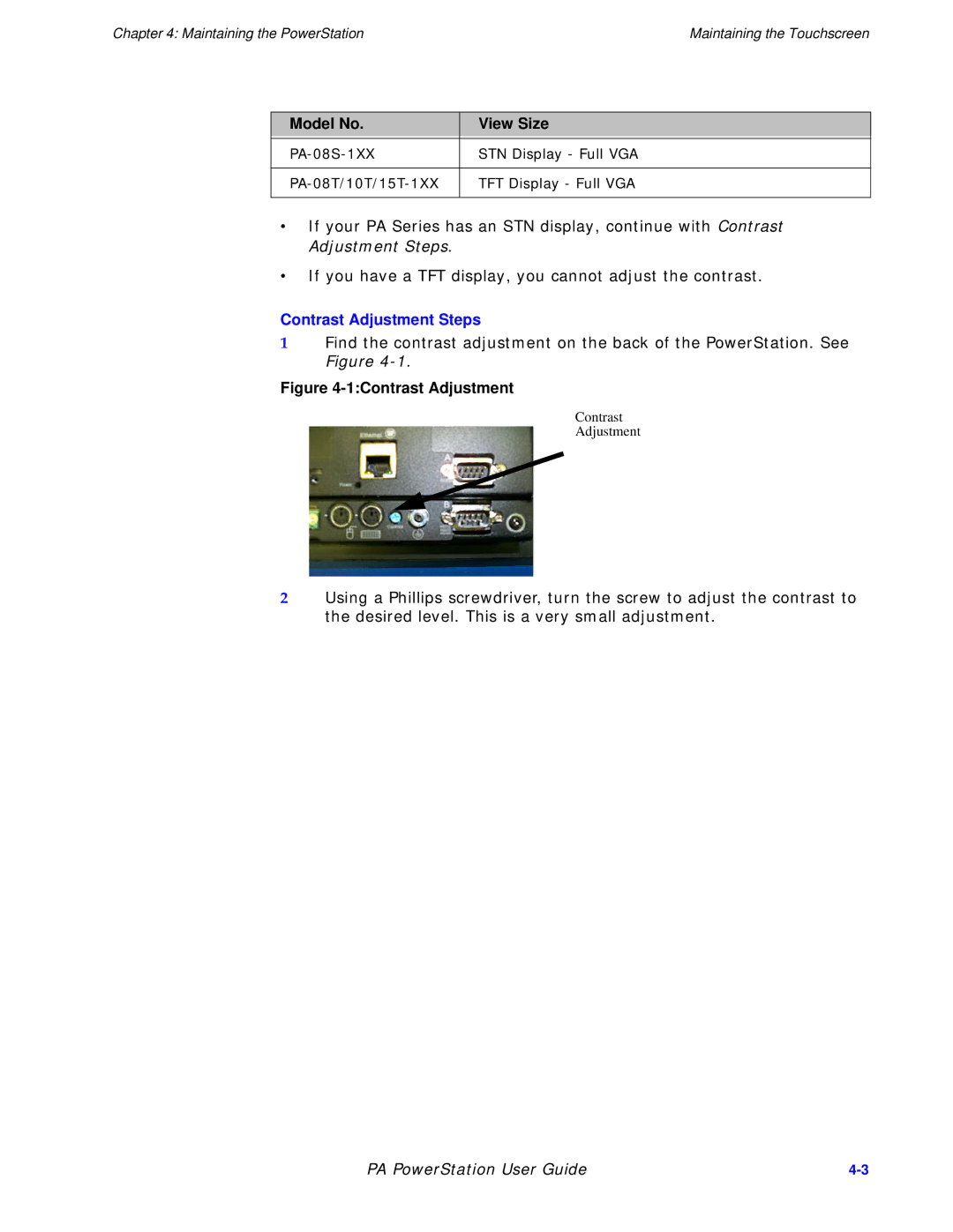 Parker Hannifin PA Series manual Model No View Size, Contrast Adjustment Steps 