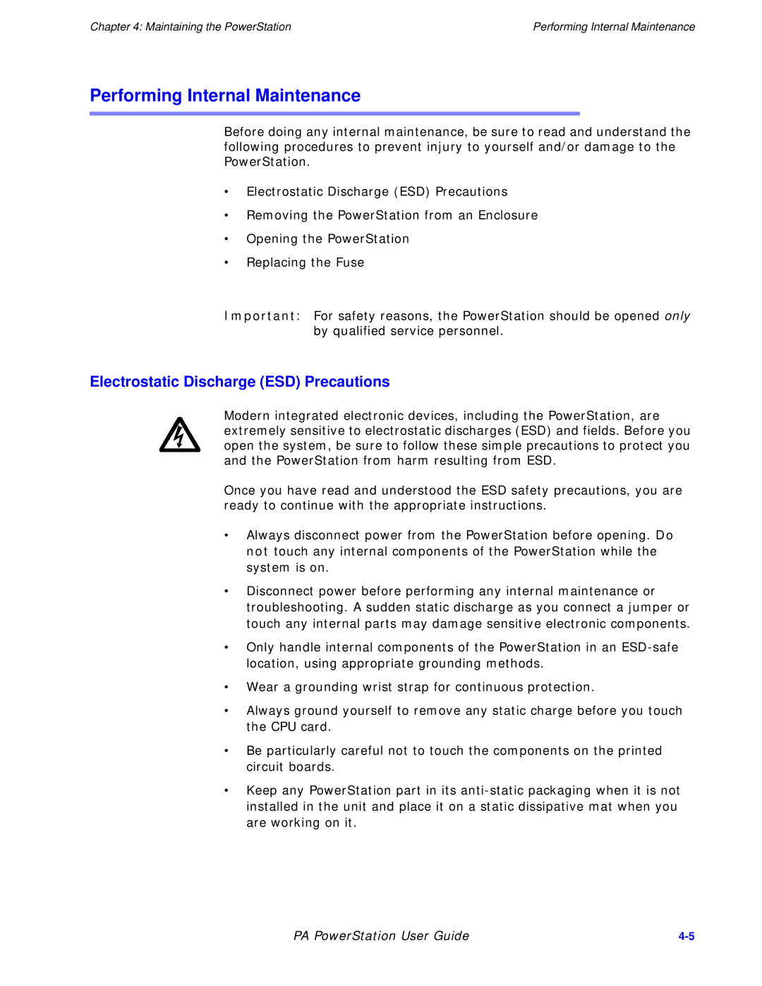 Parker Hannifin PA Series manual Performing Internal Maintenance, Electrostatic Discharge ESD Precautions 