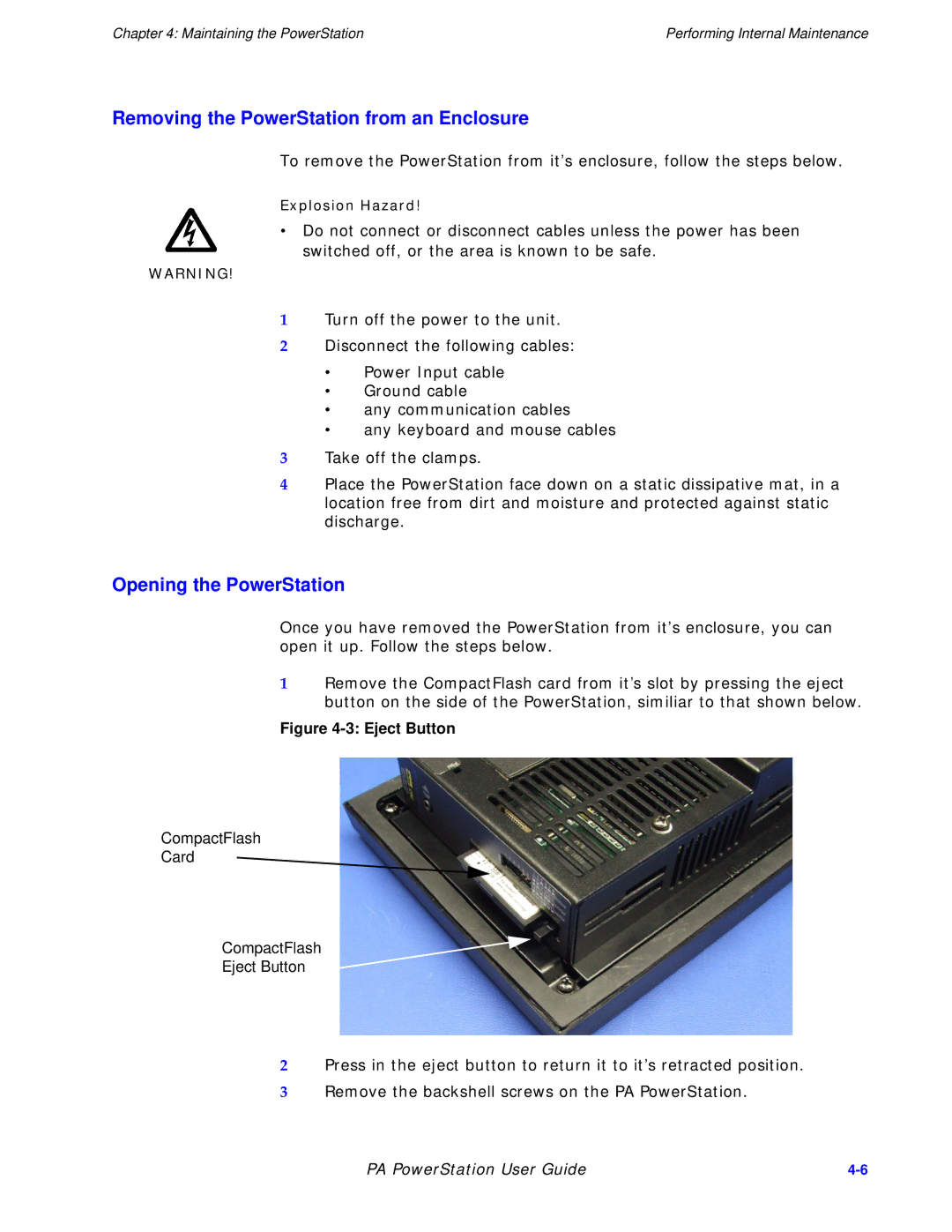 Parker Hannifin PA Series manual Removing the PowerStation from an Enclosure, Opening the PowerStation 