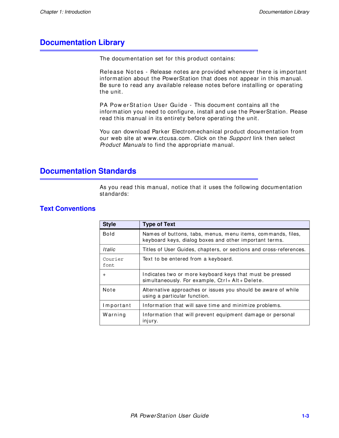 Parker Hannifin PA Series manual Documentation Library, Documentation Standards, Text Conventions, Style Type of Text 