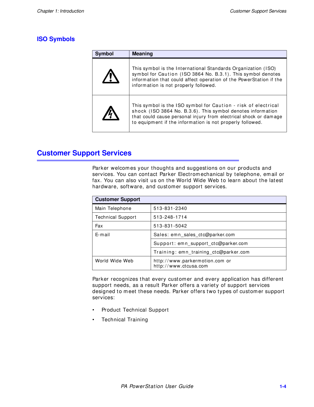 Parker Hannifin PA Series manual Customer Support Services, ISO Symbols, Symbol Meaning 