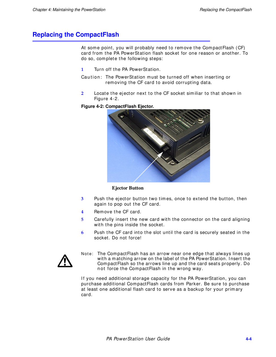Parker Hannifin PA Series manual Replacing the CompactFlash, Ejector Button, PA PowerStation User Guide 