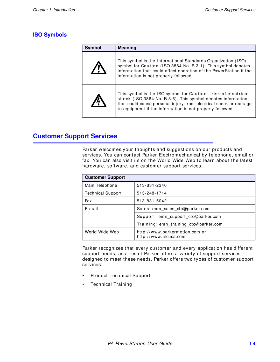 Parker Hannifin PA Series manual Customer Support Services, ISO Symbols, PA PowerStation User Guide 