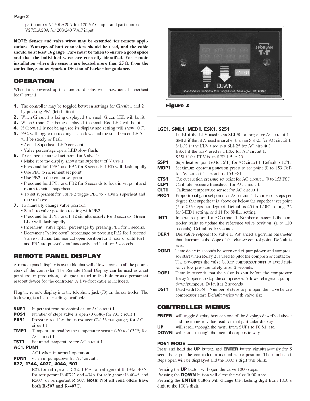 Parker Hannifin R-404A, SEH-175, SEI-2, R-134A, R-507 Operation, Remote Panel Display, Controller Menus, AC1, PDN1, POS1 Mode 