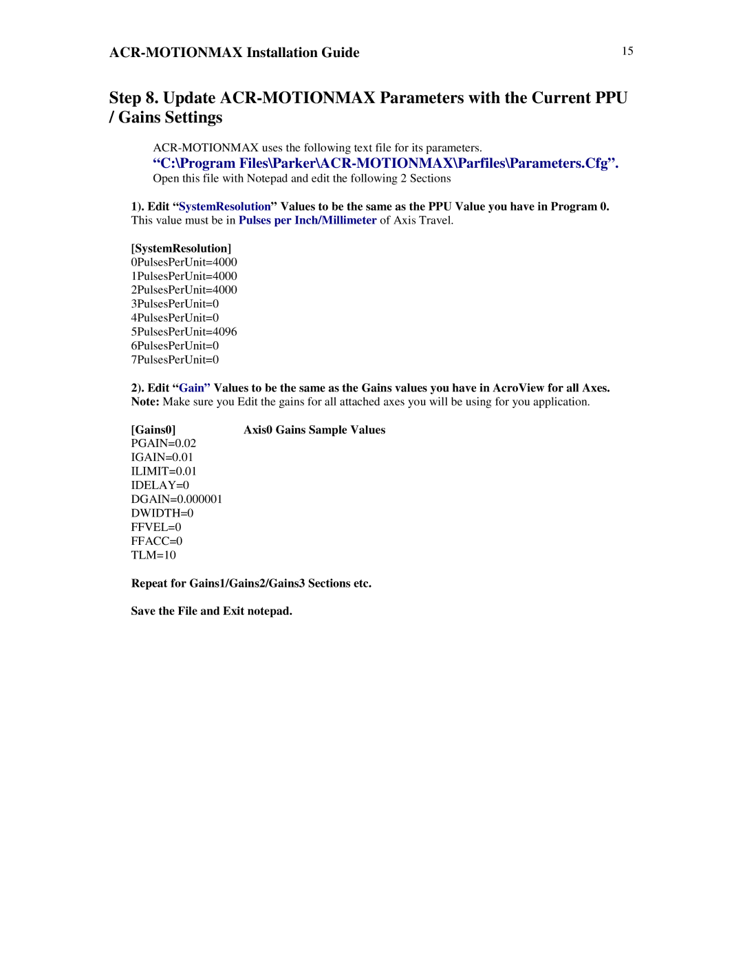 Parker Hannifin VERSION 1.0 manual Program Files\Parker\ACR-MOTIONMAX\Parfiles\Parameters.Cfg 