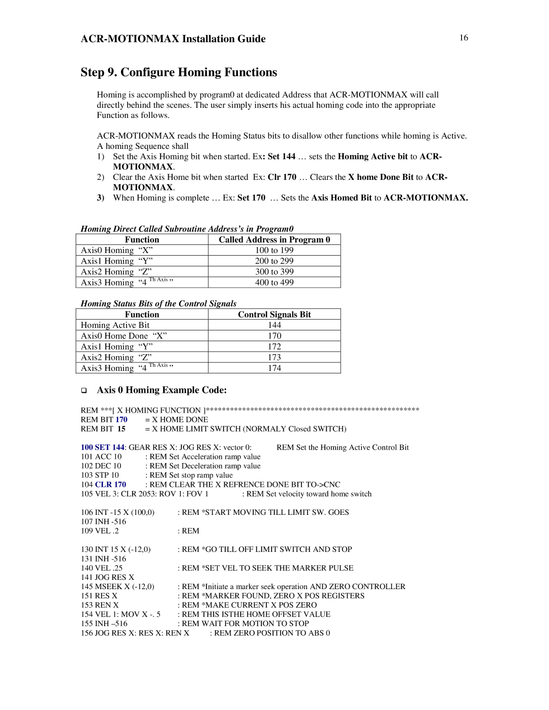 Parker Hannifin VERSION 1.0 Configure Homing Functions, Function Called Address in Program, Function Control Signals Bit 