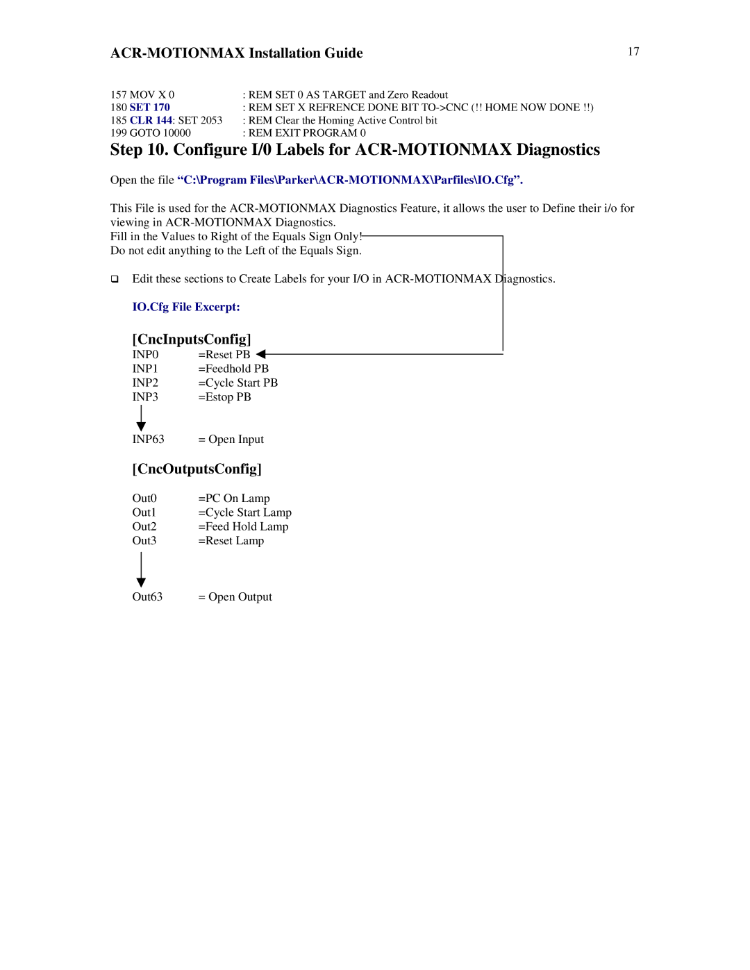 Parker Hannifin VERSION 1.0 manual Configure I/0 Labels for ACR-MOTIONMAX Diagnostics, CncInputsConfig, CncOutputsConfig 