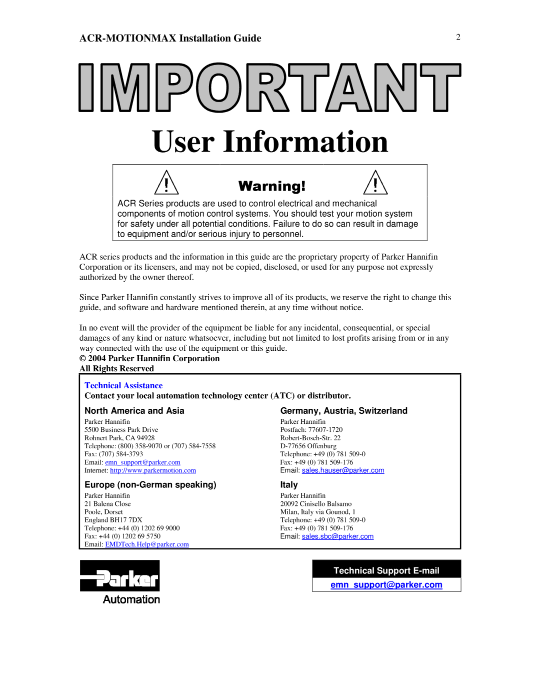 Parker Hannifin VERSION 1.0 manual ACR-MOTIONMAX Installation Guide, Parker Hannifin Corporation All Rights Reserved 