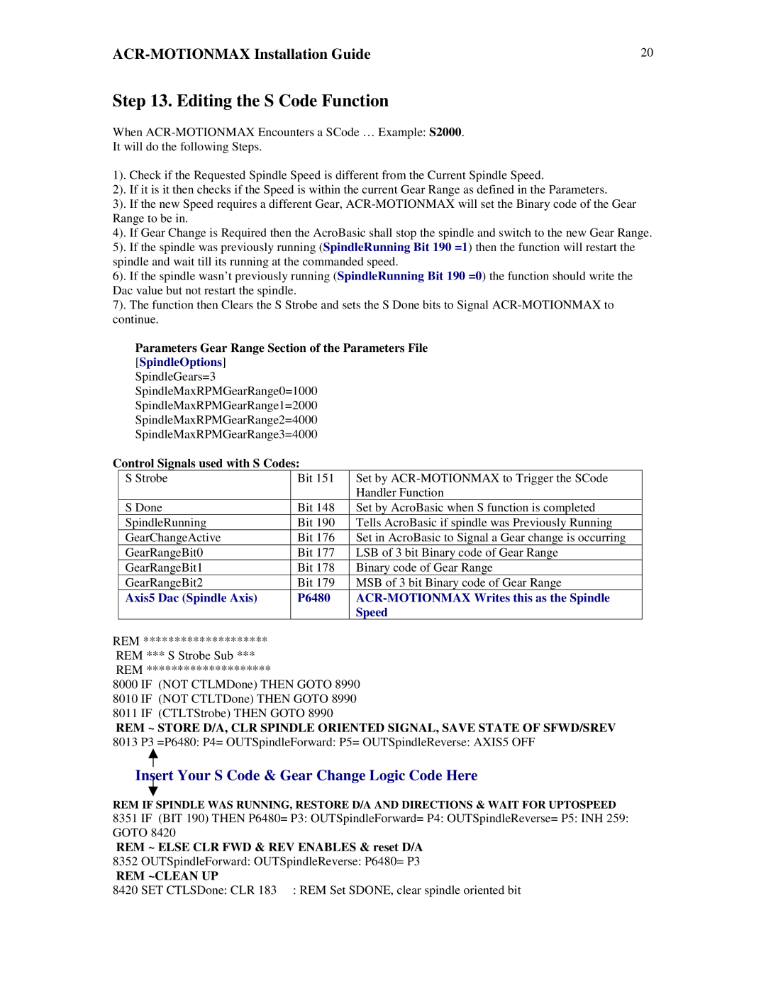 Parker Hannifin VERSION 1.0 manual Editing the S Code Function, Control Signals used with S Codes 