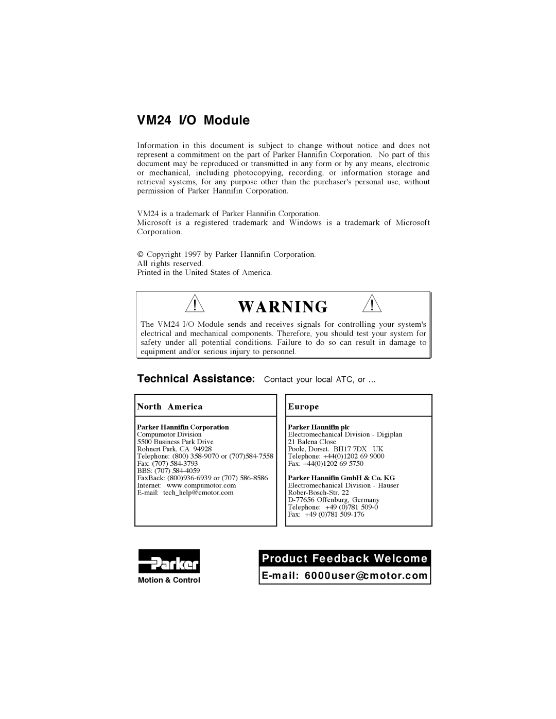 Parker Hannifin vm24 manual VM24 I/O Module 