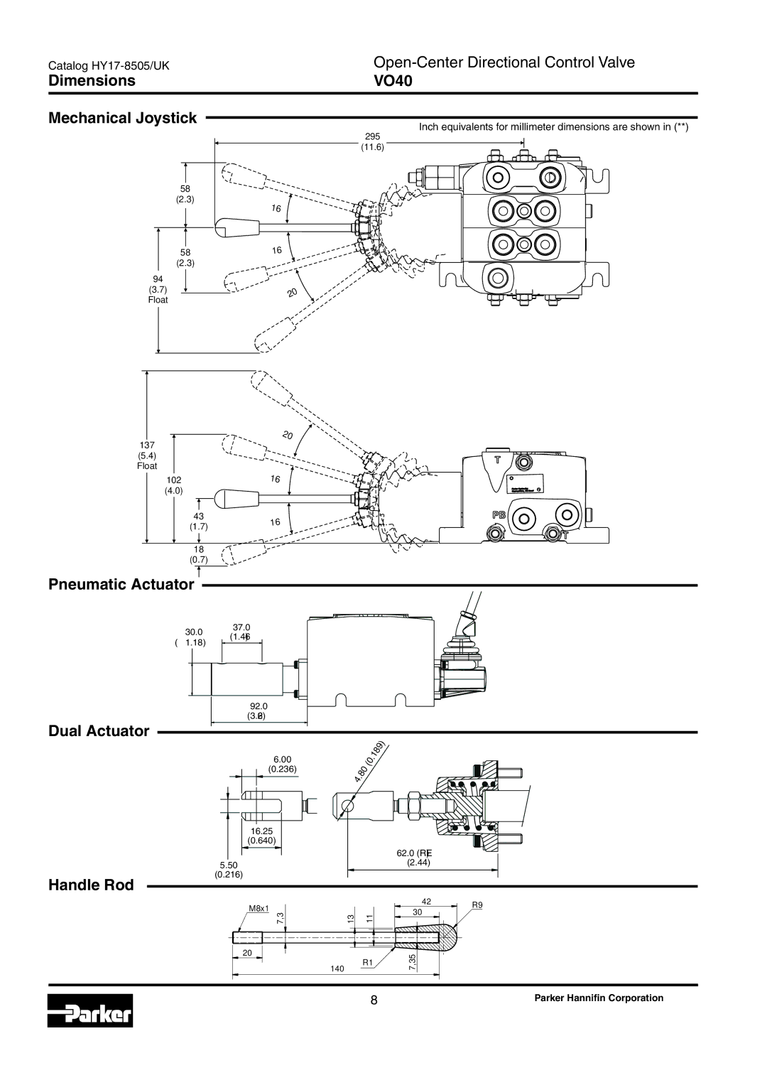 Parker Hannifin VO40 manual Dimensions Mechanical Joystick, Pneumatic Actuator, Dual Actuator Handle Rod 