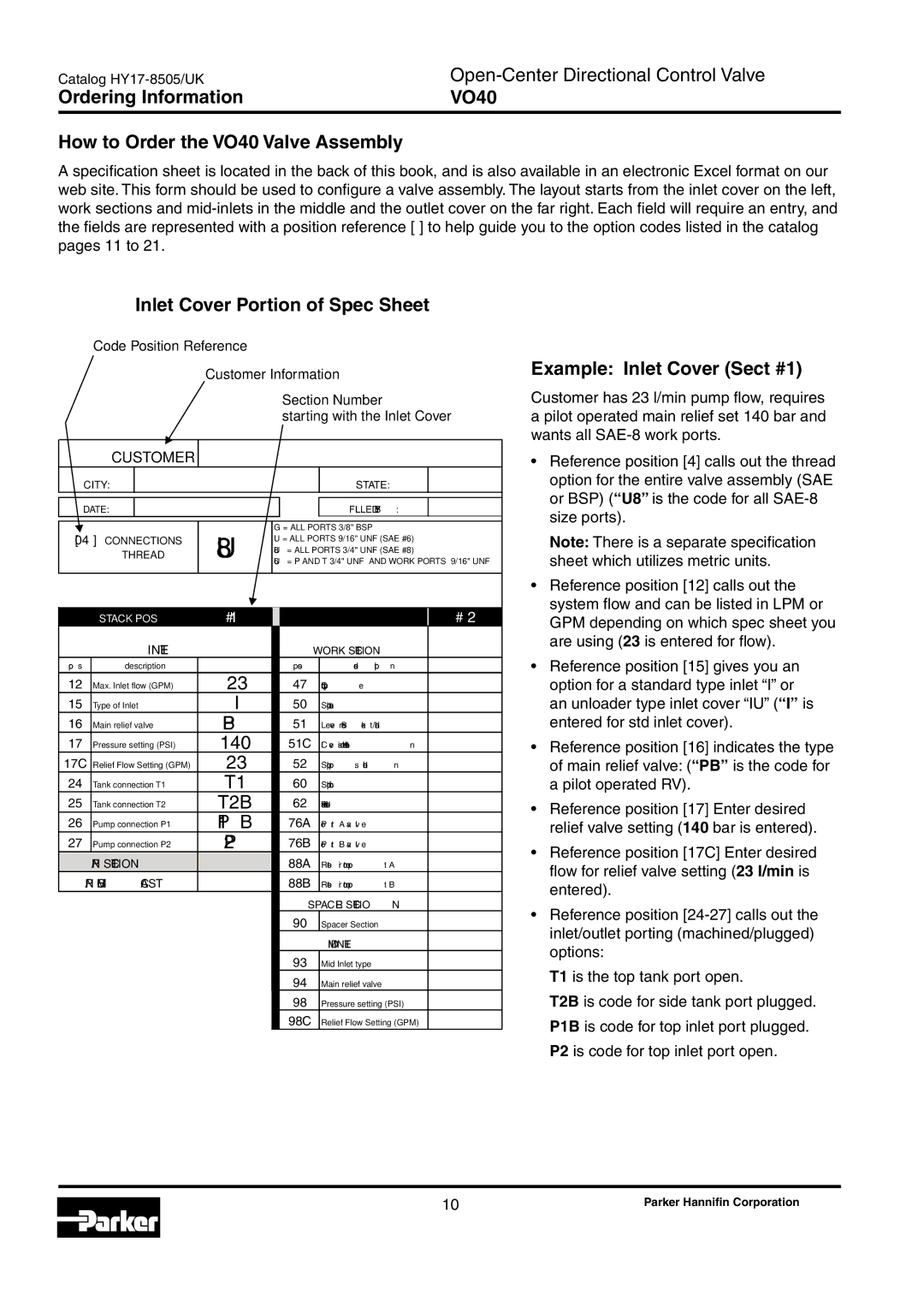 Parker Hannifin VO40 manual Inlet Cover Portion of Spec Sheet, Example Inlet Cover Sect #1, 140 