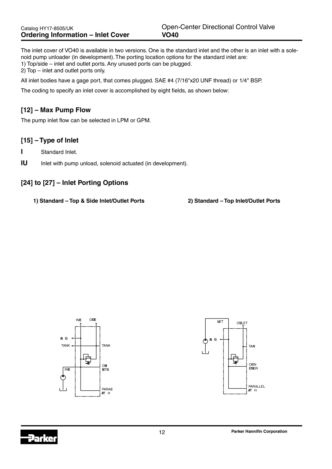 Parker Hannifin Ordering Information Inlet Cover VO40, Max Pump Flow, Type of Inlet, 24 to 27 Inlet Porting Options 