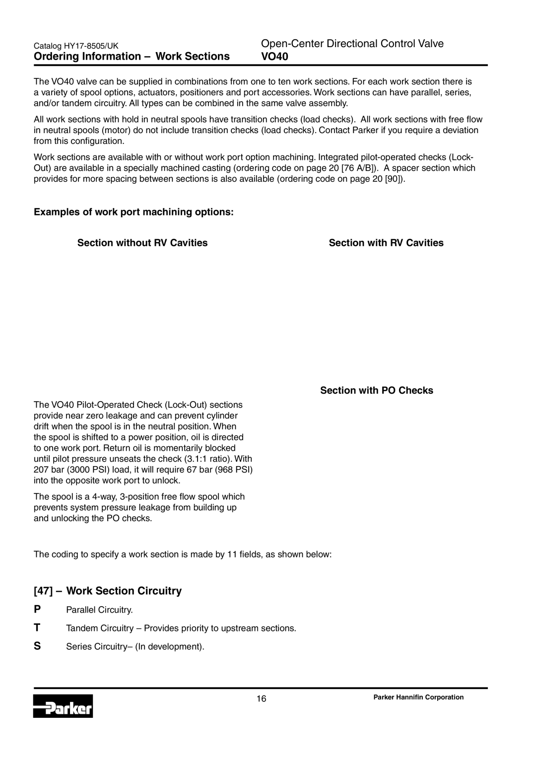 Parker Hannifin manual Ordering Information Work Sections VO40, Work Section Circuitry 