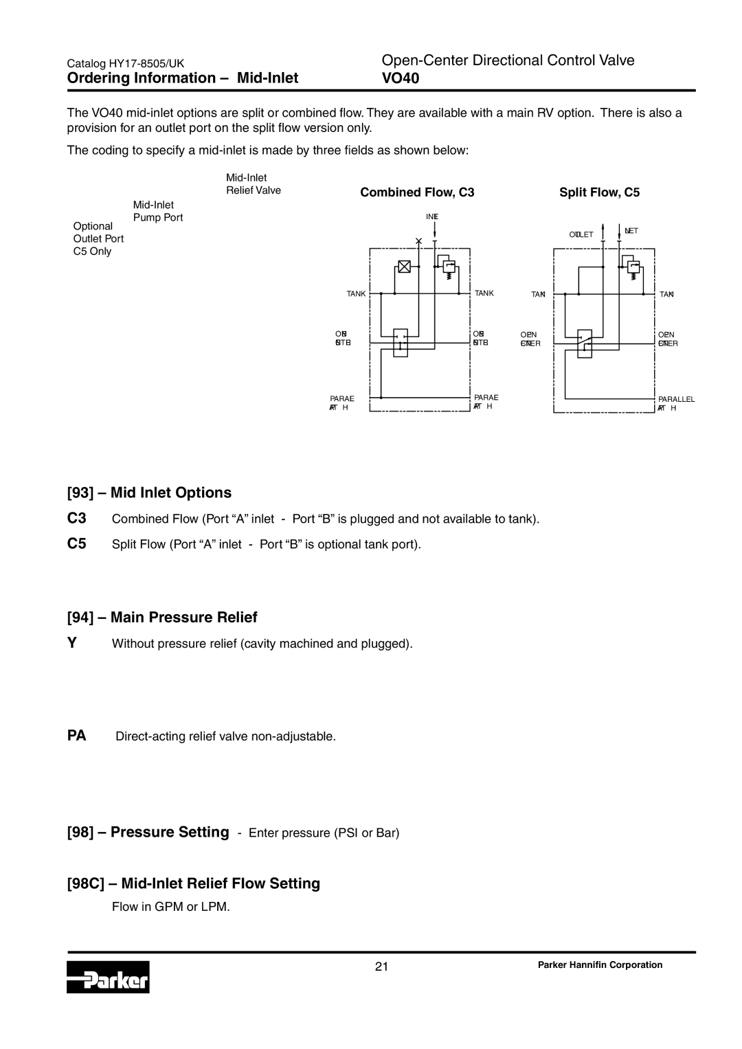 Parker Hannifin manual Ordering Information Mid-Inlet VO40, Mid Inlet Options, Main Pressure Relief 