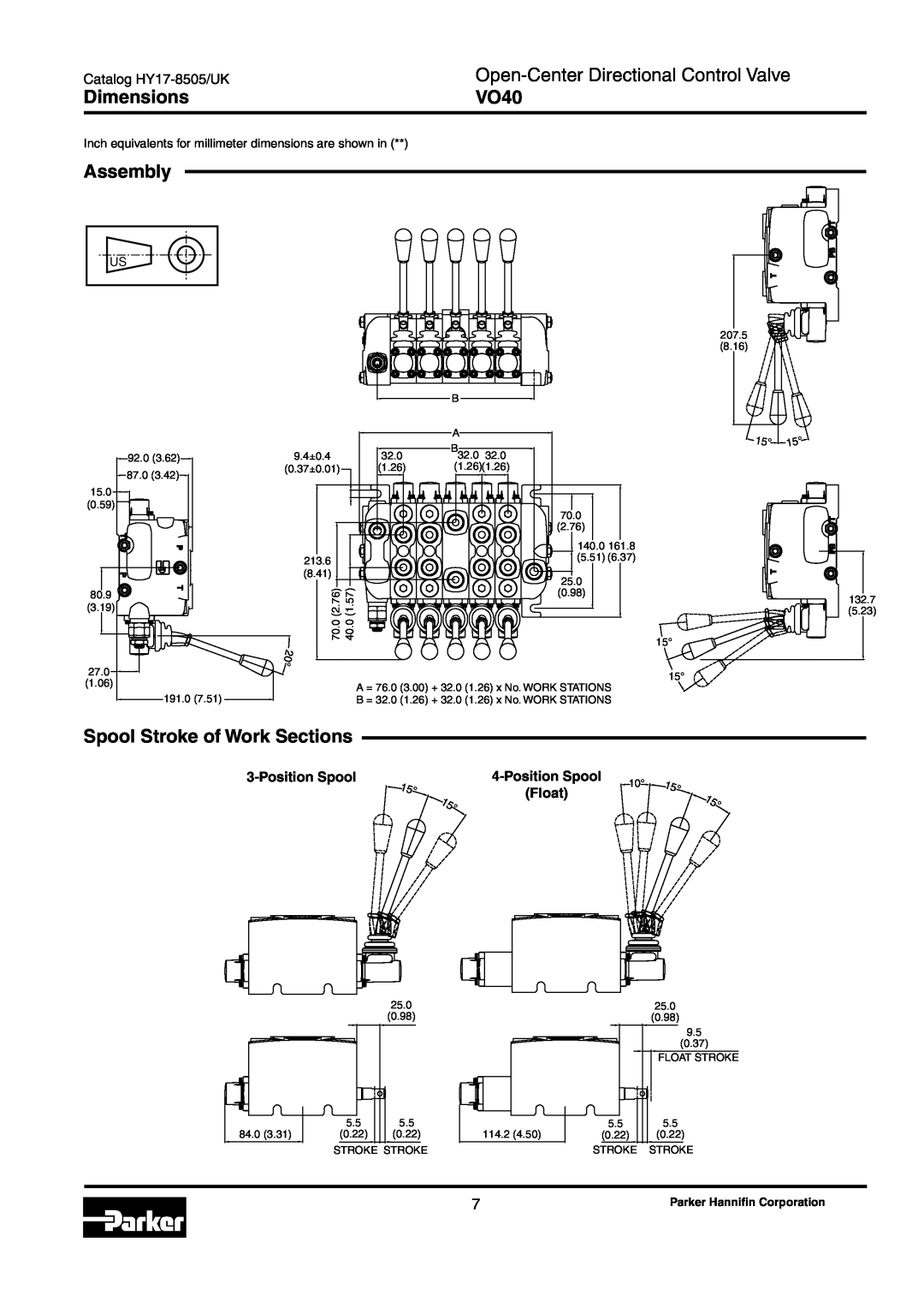 Parker Hannifin VO40 manual Dimensions, Assembly, Spool Stroke of Work Sections, Open-Center Directional Control Valve 