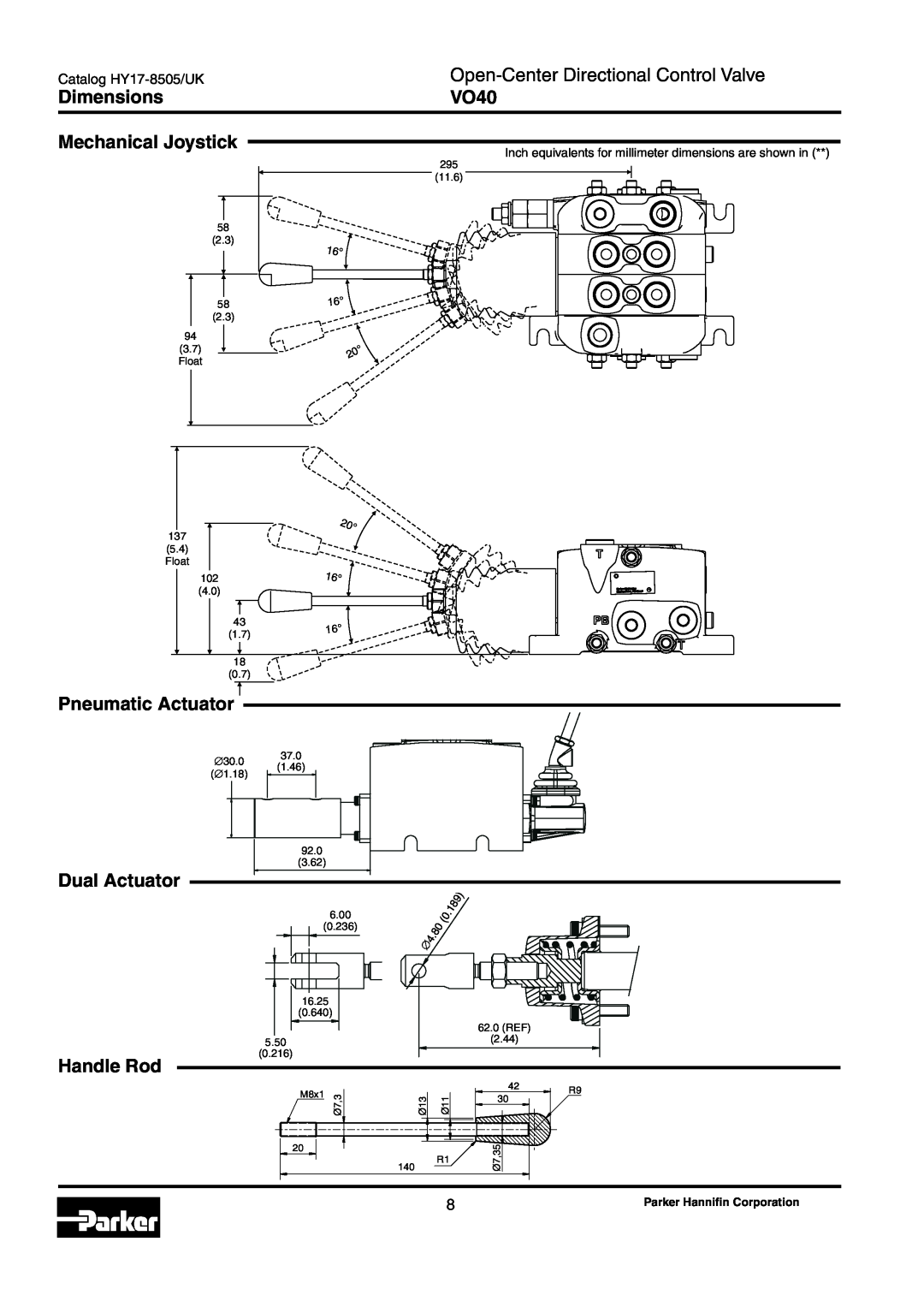 Parker Hannifin VO40 Dimensions Mechanical Joystick, Pneumatic Actuator, Dual Actuator, Handle Rod, Catalog HY17-8505/UK 